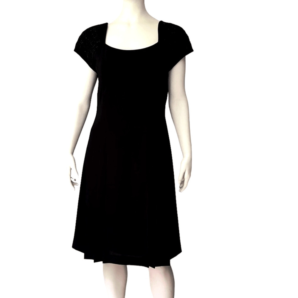 Vintage Marianna Black Beaded Shoulder Pleated Scoop Neck Fit Flare Dress 12